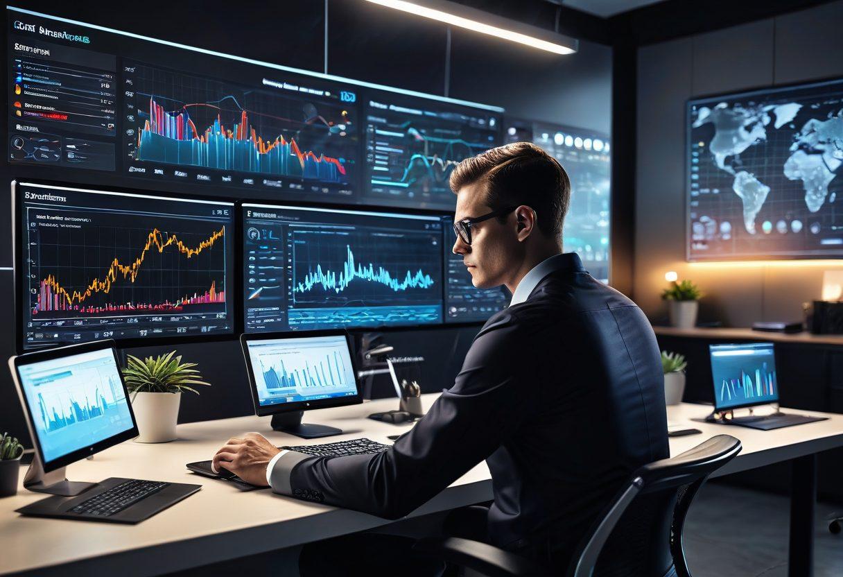 A sophisticated digital workspace featuring a visually compelling dashboard with SEO graphs, analytics charts, and content management tools. Background includes abstract digital elements symbolizing data connectivity and website optimization. A professional seated at a sleek workstation, deeply engaged. vibrant colors. 3D.