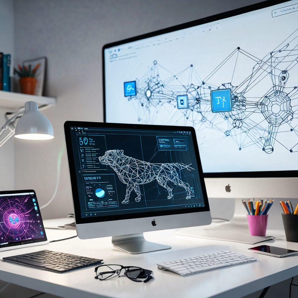A futuristic workspace featuring a sleek computer displaying a vibrant code editor, a tablet showing a wireframing app, and AR glasses projecting deployment pipelines. The background includes abstract digital elements connecting design to deployment, symbolizing the integration of modern web technologies. super-realistic. vibrant colors. white background.