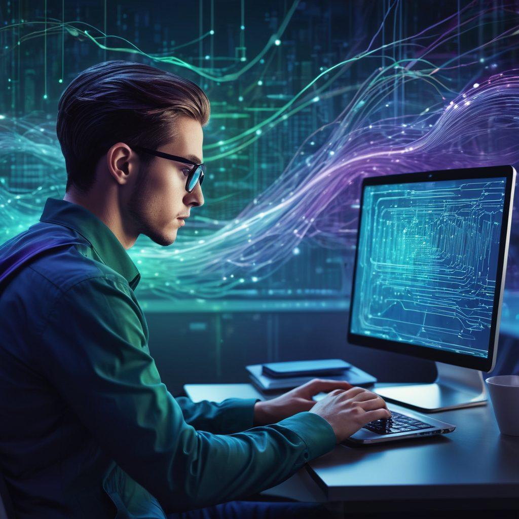 A dynamic illustration showing a programmer writing code on a laptop with vivid, flowing lines transforming into cloud icons and smooth, interconnected web applications. Background includes minimalist data center elements and digital networks. futuristic style. vibrant colors. digital art.